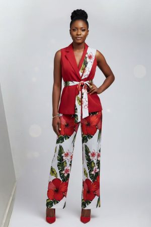 Two piece sleeveless blazer and crepe floral pants