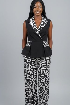 Black and white crepe two piece sleeveless blazer and pants